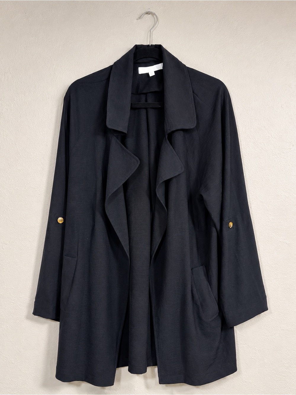 Adyson Parker Black Draped Open-Front Trench Coat